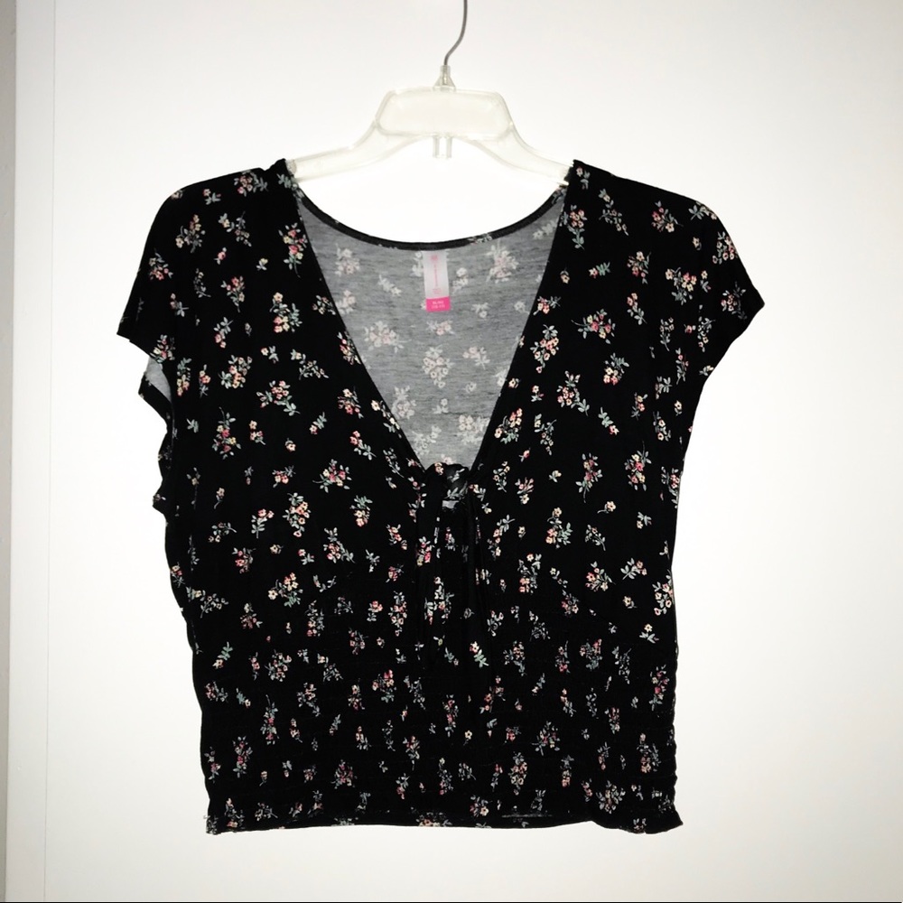 Front-tie black floral top